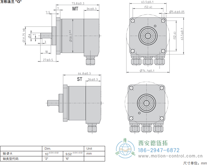 AC58-Profibus光電絕對值通用編碼器外形及安裝尺寸(方形法蘭Q) - 西安德伍拓自動化傳動系統(tǒng)有限公司