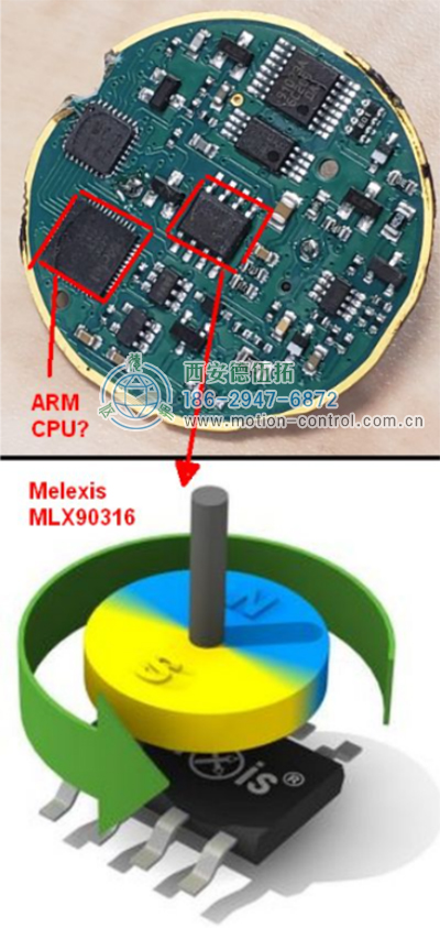 在PCB的中心，有Melexis芯片和可能的ARM微控制器